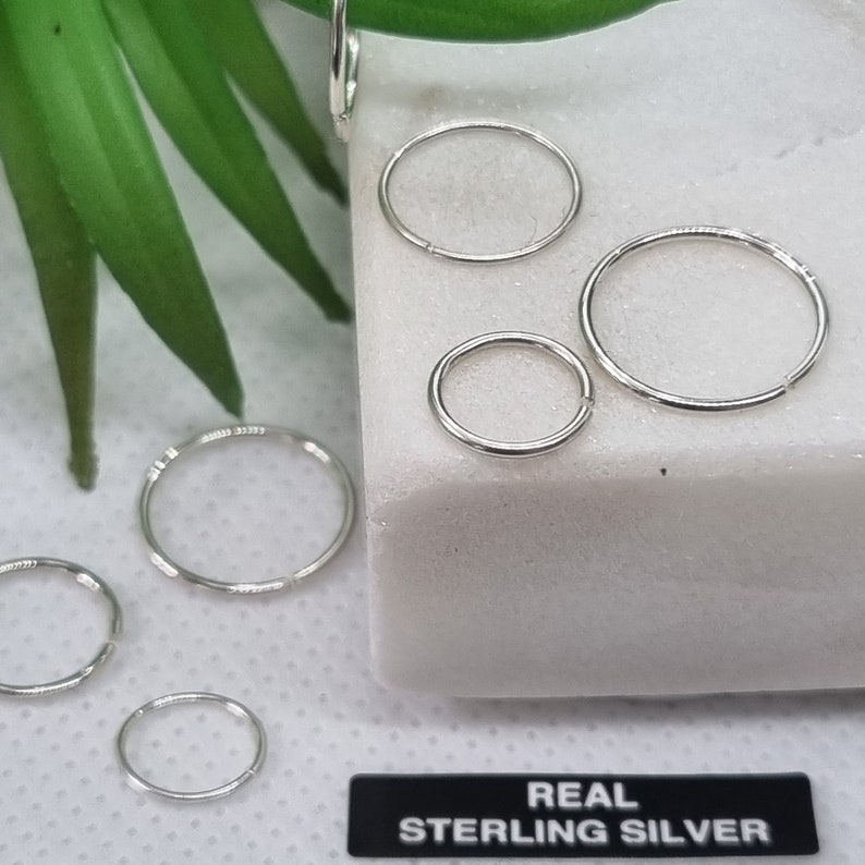 925 Sterling Silver Seamless Plain Ring Nose Cartilage Tragus Hoop 0.6 MM 0.8 MM thick Piercing 6mm , 8mm , 10mm Diameter image 4