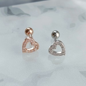 Pendientes de perforación superior Heart CZ, pendientes con rosca de acero quirúrgico 316L, joyería minimalista, cartílago, lóbulo de la oreja, tragus