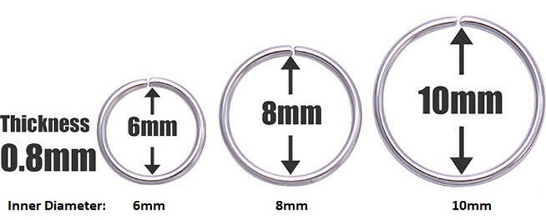 925 Sterling Silver Seamless Plain Ring Nose Cartilage Tragus Hoop 0.6 MM 0.8 MM thick Piercing 6mm , 8mm , 10mm Diameter 0.8 MM