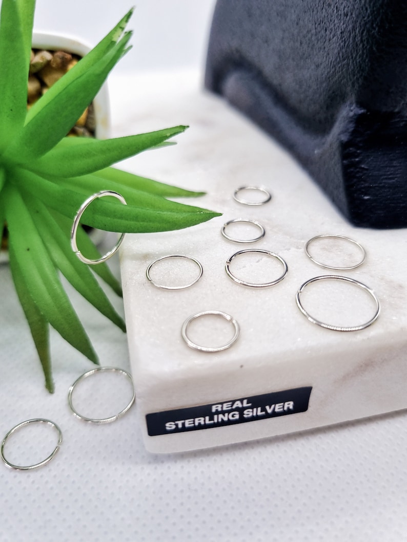 925 Sterling Silver Seamless Plain Ring Nose Cartilage Tragus Hoop 0.6 MM 0.8 MM thick Piercing 6mm , 8mm , 10mm Diameter image 6