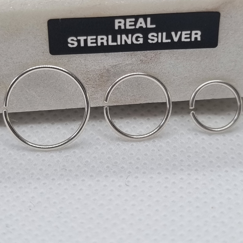925 Sterling Silver Seamless Plain Ring Nose Cartilage Tragus Hoop 0.6 MM 0.8 MM thick Piercing 6mm , 8mm , 10mm Diameter image 3