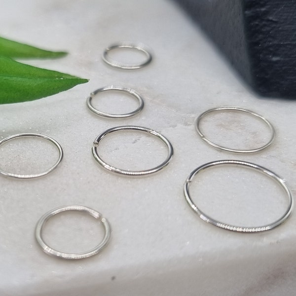 Anello semplice senza cuciture in argento sterling 925 per cartilagine del naso, cerchio per trago, 0,6 mm, 0,8 mm di spessore, piercing 6 mm, 8 mm, 10 mm di diametro