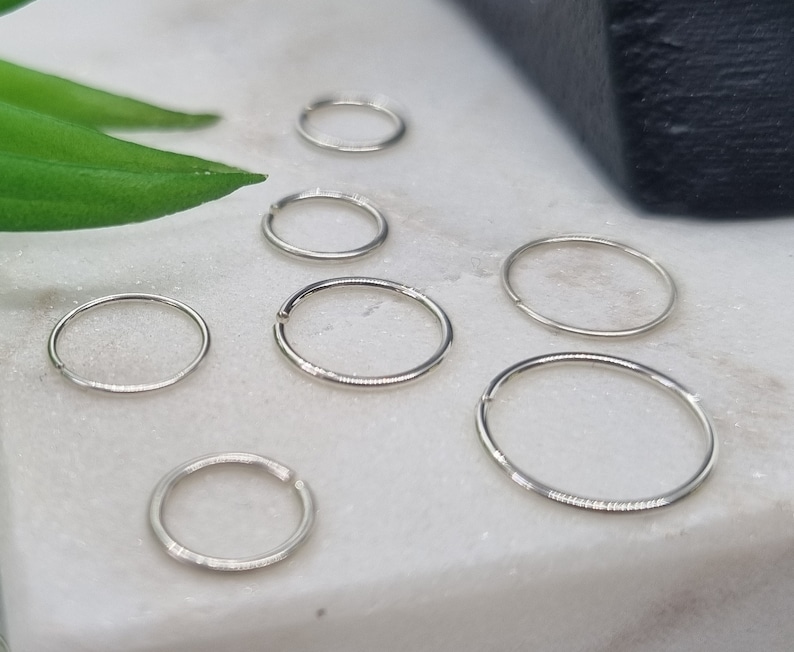 925 Sterling Silver Seamless Plain Ring Nose Cartilage Tragus Hoop 0.6 MM 0.8 MM thick Piercing 6mm , 8mm , 10mm Diameter image 2