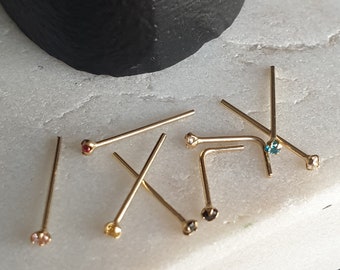 Solid Gold 9k /ct Nose Stud Bone Pin L Shape with 1.5 mm Round Cz