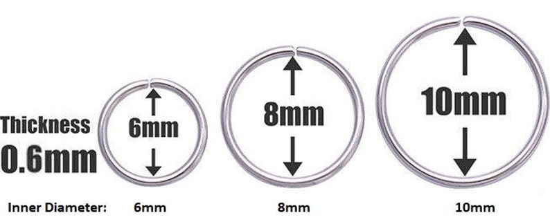 925 Sterling Silver Seamless Plain Ring Nose Cartilage Tragus Hoop 0.6 MM 0.8 MM thick Piercing 6mm , 8mm , 10mm Diameter 0.6 MM