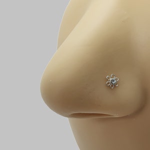 925 Sterling Silver Small Nose Stud with wire flower and crystal Piercing- Small Nose L Shape - Nose Piercing stud- Bone Stud- Thin piercing