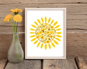 Sun Nursery Print, Pressed Flower Art, Nursery Decor, Nursery Wall Art, Print For Kids Room, Floral Art
