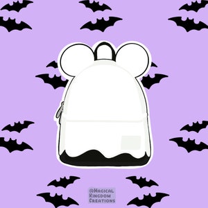 May include: White ghost-shaped backpack with black Mickey Mouse ears and a black bottom. The backpack has a black zipper and a white patch on the front. The background is purple with black bats.