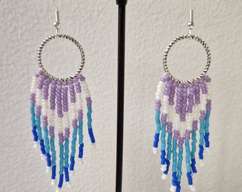 Boho fringe earrings lilac, blue, cream on metal silver rings and stainless steel hooks