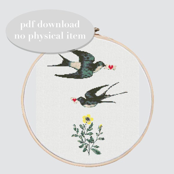 Birds Counted Cross Stitch Instant Download Digital Pattern Swallows and Flowers