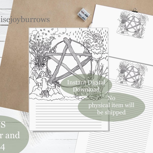Book of Shadows Printable Stationary, Blank, Lined, Wicca Colouring Page, Instant Download, Pentacle