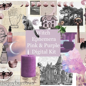 Witch Ephemera Pack, Cosy, Pink, Purple, Journaling, Scrapbooking Papers, Printable Junk Journal Kit, Mystical Moon, Witchcraft, Digital