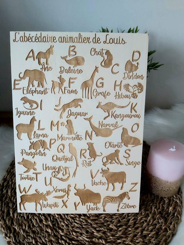 Abécédaire Animalier Personnalisé Gravure sur Bois Affiche Décoration Chambre Enfant Bébé Cadeau Nai