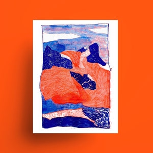 Könnte beinhalten: Abstrakter Kunstdruck mit einer Landschaft mit roten, blauen und weißen Elementen. Das Kunstwerk hat ein strukturiertes, handgezeichnetes Aussehen, wobei Rot und Blau die Komposition dominieren. Der Hintergrund ist leuchtend orange.