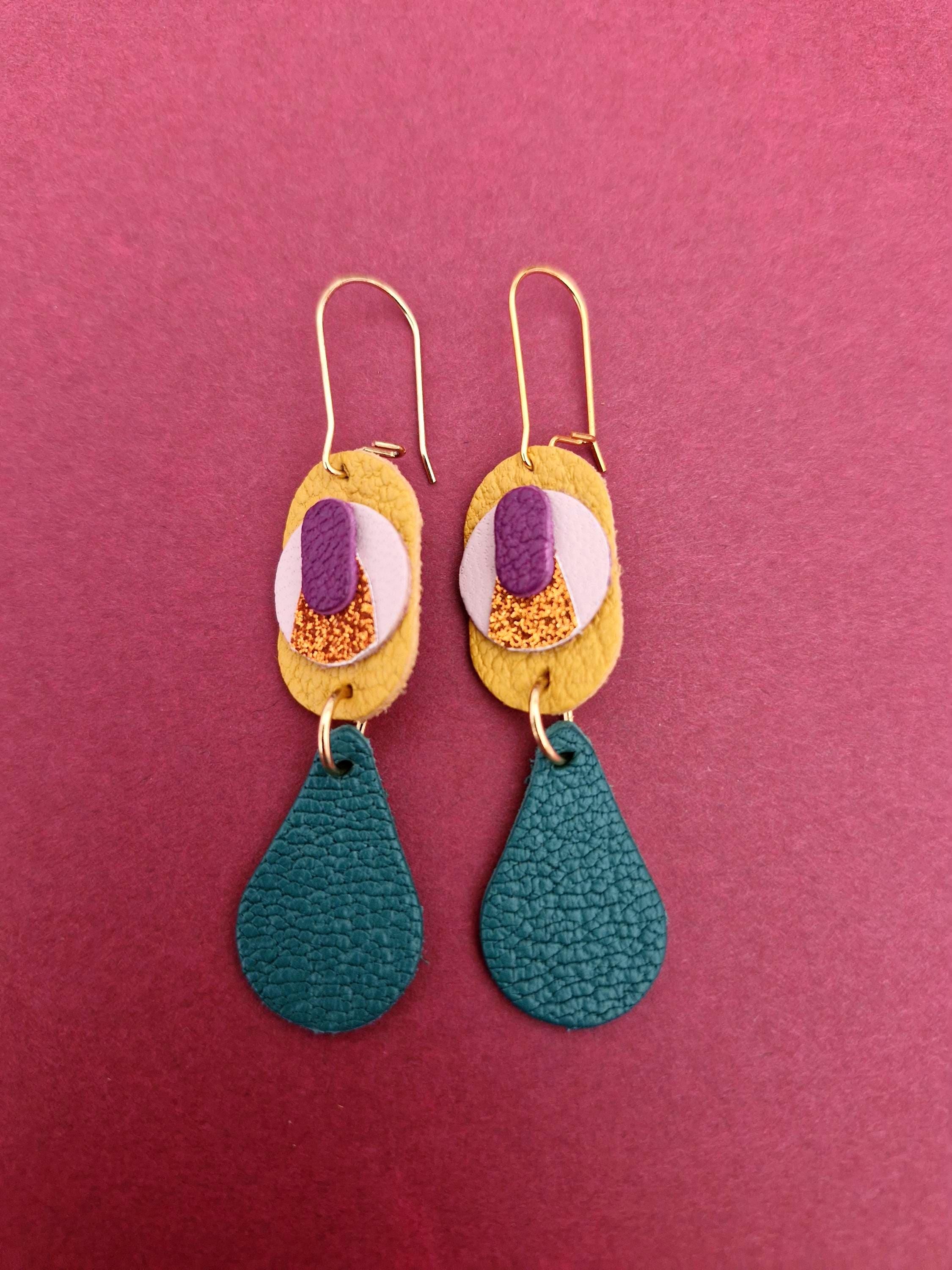 FOLK boucles d'oreilles colorées et feuille d'or