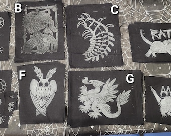 Sew-On Patch - Block Print Assortment - Rat Possum Opossum Dragon Trilobite Beetle Goldfish Mothman