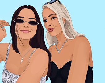 May include: Digital illustration of two women posing for a selfie. One woman has dark hair and sunglasses, wearing a white top with a bandana print and a lightning bolt necklace. The other woman has blonde hair, sunglasses on her head, and a black top, with a silver chain necklace.