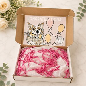 May include: A cardboard gift box with a white interior and brown exterior. The lid features a printed illustration of a dog holding a champagne bottle with the text CONGRATULATIONS and three balloons. The box contains white tissue paper and pink crinkle paper.