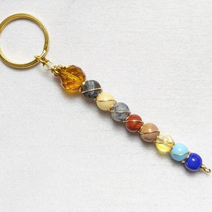 Peut inclure: Un porte-clés en or avec un charme perlé. Les perles sont de différentes couleurs, notamment le brun, le rouge, le jaune, le bleu et le gris. Les perles sont enveloppées de fil d'or.