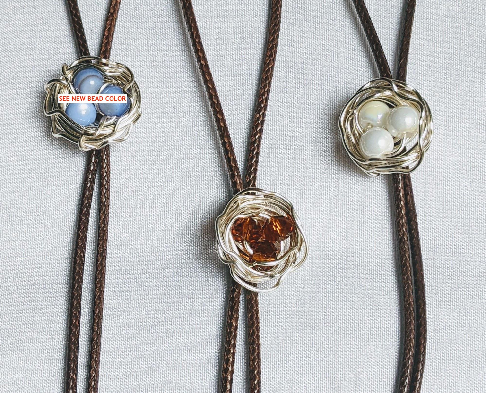 Bird Nest Bolo Tie: Silver Wire, Glass Eggs, Waxed Cotton Cord
