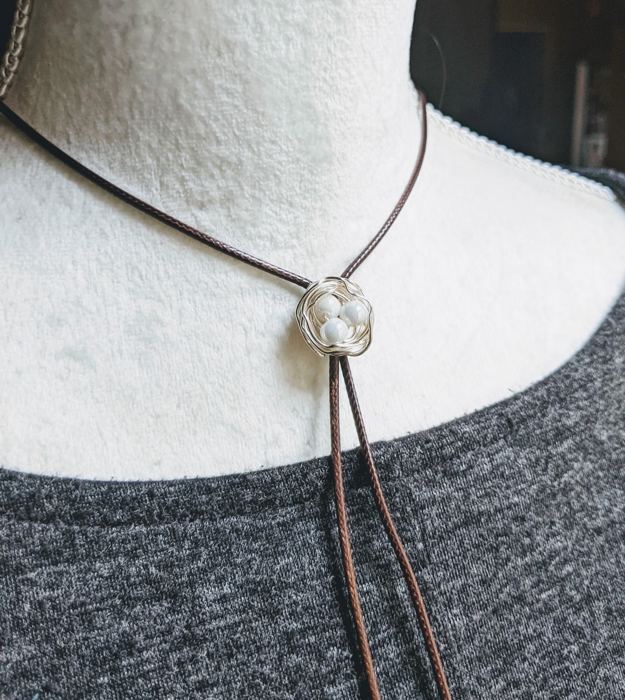 Bolo Tie Bird Nest 6 Egg Colors Waxed Cotton Cord Glass Beads Silver Plated Wire by STRUNGbyPhyllisAzar