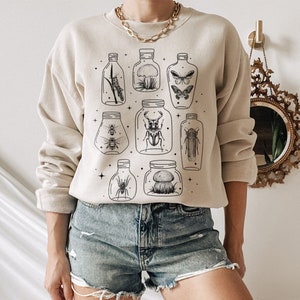 Bugs in Jars Sweatshirt Insect Mushroom Sweater Bug Lover Gift Goblincore Clothing Grunge Fairycore Bee Cicada Curiosities Oddities Cabinet