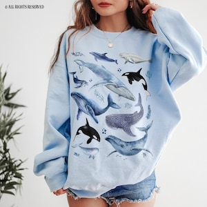 Watercolor Whale Sweater Trendy Ocean Crewneck Aesthetic Whales Crew Neck Dolphin Narwhal Beluga Humpback Orca Whale Gifts Indie Sweatshirt