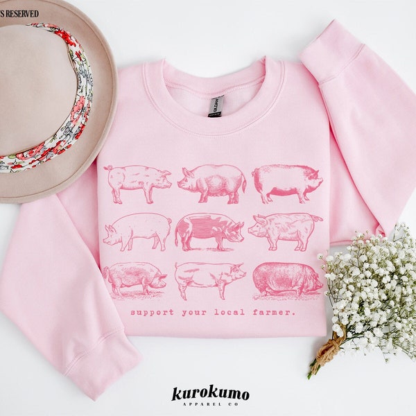Support Your Local Farmer Pig Sweatshirt Vintage Farm Animals Sweater Homestead Wife Farming Clothes Trendy Agriculture Homesteading Gifts
