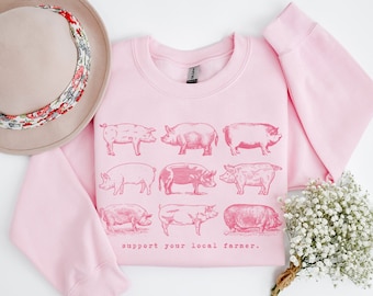 Support Your Local Farmer Pig Sweatshirt Vintage Farm Animals Sweater Homestead Wife Farming Clothes Trendy Agriculture Homesteading Gifts