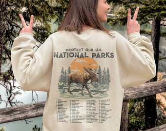 US National Parks Crewneck Moose Wildlife Sweatshirt Vintage Mountain Crewneck Granola Girl Camping Clothes Park Ranger Environment Sweater