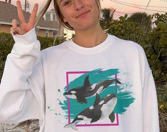 90s Orca Whale Sweatshirt Retro Environmental Graphic Crew Neck Sweatshirt Ocean Conservation Indie Crewneck Vintage Y2K Environment Sweater