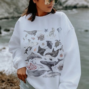 Marine Life Conservation Crewneck Orca Whale Shark Dolphin Sea Turtle Jellyfish Sweatshirt Save the Ocean Environment Shirt Indie Crew Neck