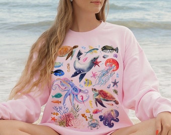 Watercolor Sea Creatures Sweatshirt Ocean Conservation Marine Life Environment Tropical Fish Coral Reef Octopus Jellyfish Turtle Sweatshirt