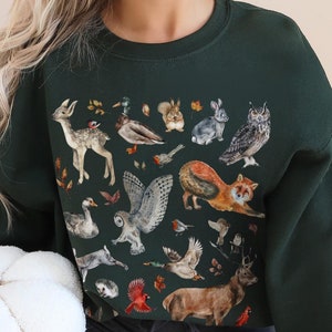 Watercolor Forest Animal Crewneck Woodland Animals Wildlife Sweatshirt Earthy Granola Girl Camping Clothes Outdoors Lover Nature Sweatshirts