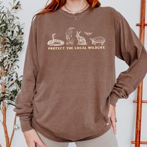 Protect the Local Wildlife Long Sleeve Tshirt Forest Animals Shirt Granola Girl Camping Clothes Forestcore Graphic Tee Vintage Style Shirts Espresso