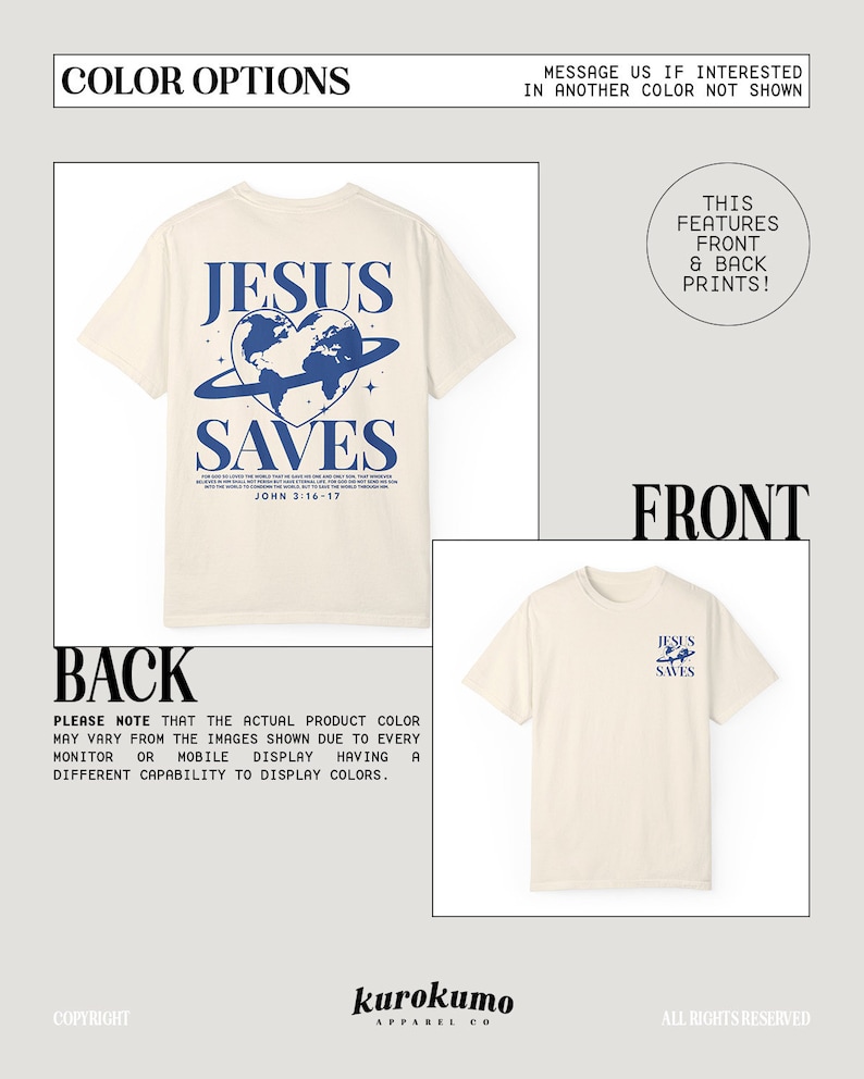K&ouml;nnte beinhalten: Ein beiges T-Shirt mit einem blauen Grafikdruck auf der Vorder- und R&uuml;ckseite. Der Druck auf der Vorderseite lautet "Jesus Saves" mit einem kleinen Globus und einem Herzen. Der Druck auf der R&uuml;ckseite lautet "Jesus Saves" mit einem Globus und einem Herzen. Das Shirt hat kurze &Auml;rmel und einen Rundhalsausschnitt.