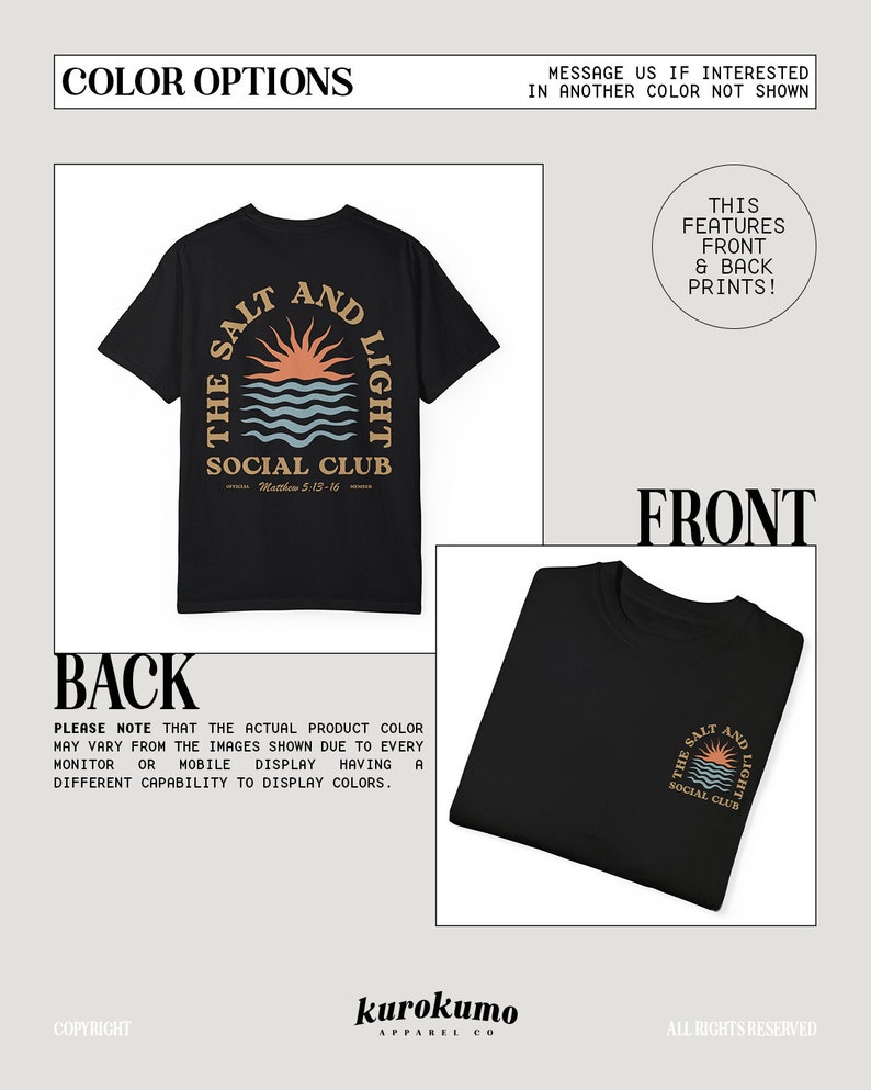 May include: Black t-shirt with a graphic print of a sunset and the text "The Salt and Light Social Club" with the scripture reference "Matthew 5:13-16".