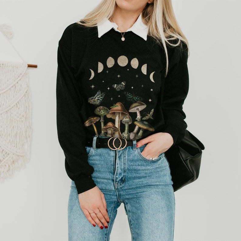 Magic Mushroom Sweatshirt Moon Phases Sweater Cottagecore Clothes Goblincore Clothing Cabincore Fashion Dark Academia Outfit {{CANADA ONLY}} 
