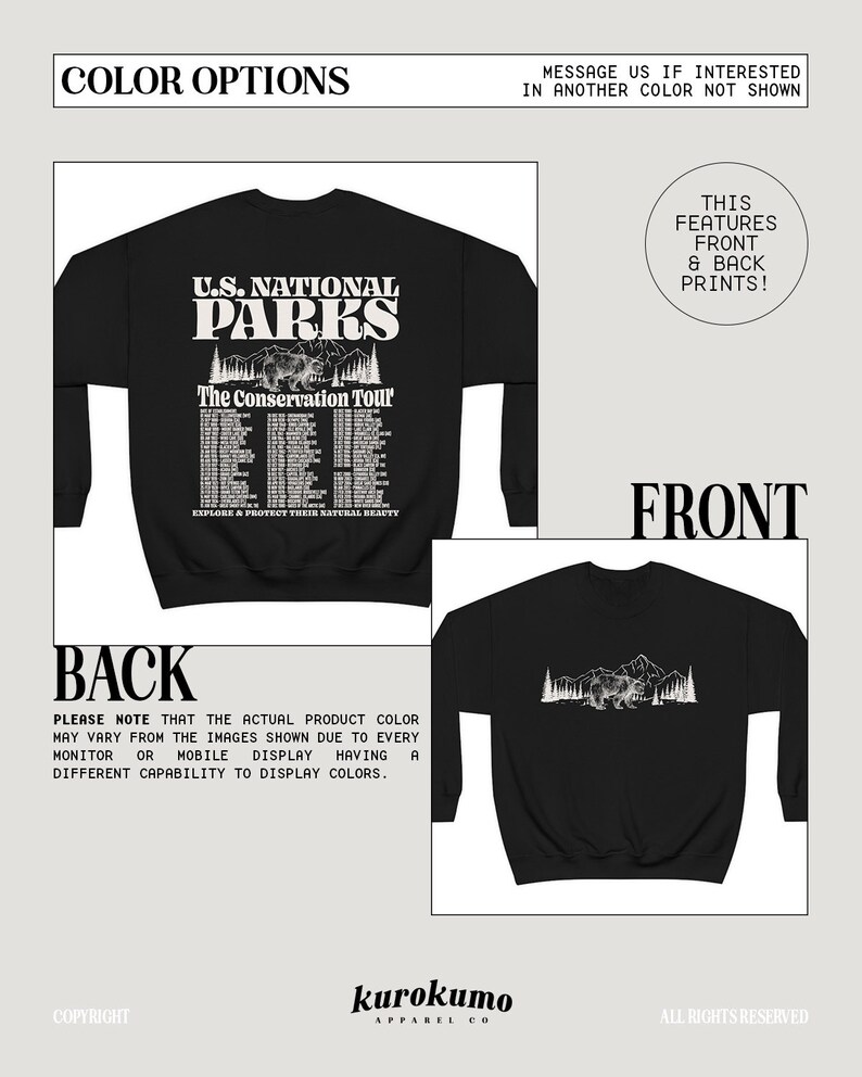 May include: Black sweatshirt with a front graphic featuring "U.S. National Parks" text, a bear, and mountain scene. The back graphic shows a similar mountain and bear design. The text "The Conservation Tour" is also present.