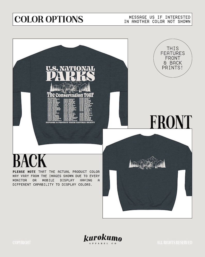 May include: Dark navy blue sweatshirt with a front graphic featuring "U.S. National Parks" text, a bear, mountains, and tour dates. The back has a matching graphic. The text "Explore & Protect Their Natural Beauty" is also included.