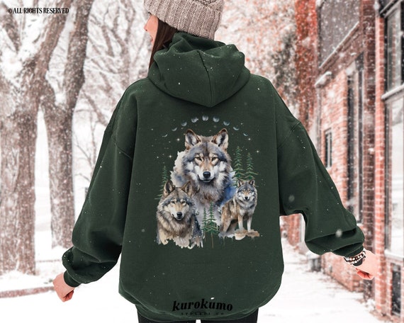 Watercolor Wolves Hoodie Vintage Wolf Sweatshirt Moon Phases Hoodie Pine Trees Sweater 90s Wildlife Sweatshirts Granola Girl Camping Clothes