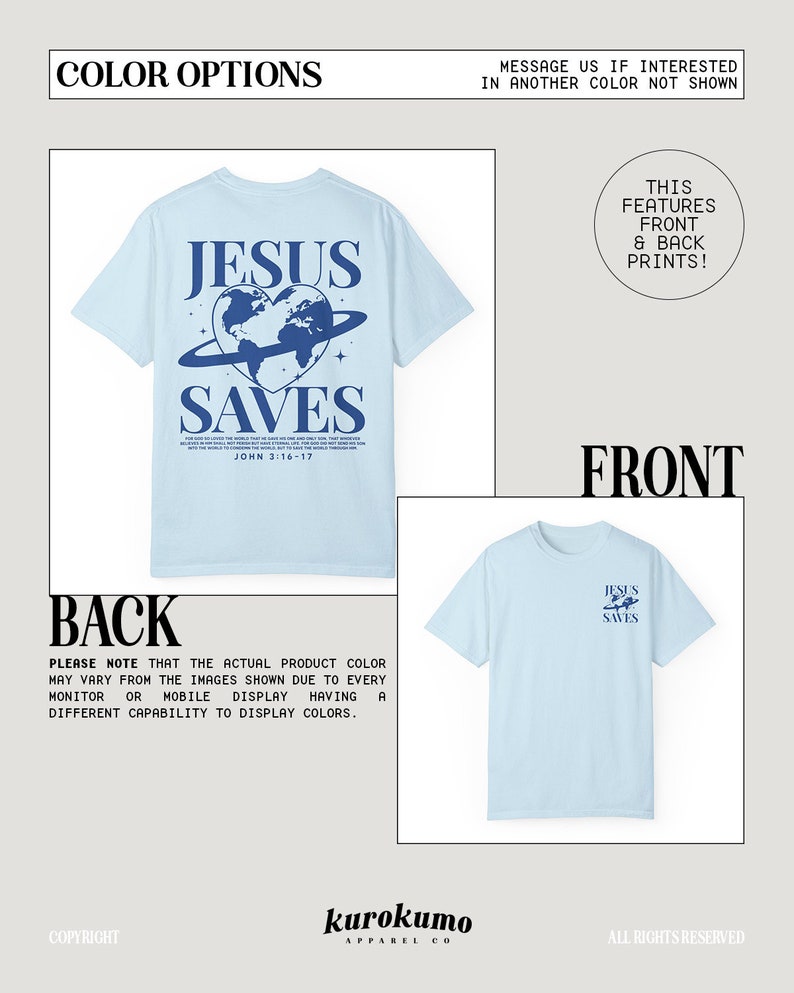 K&ouml;nnte beinhalten: Hellblaues T-Shirt mit einem grafischen Aufdruck eines blauen Herzens mit einem Globus darin und den Worten "Jesus Saves" in blauer Schrift. Die R&uuml;ckseite des Shirts hat den gleichen grafischen Aufdruck mit den Worten "John 3:16-17" in kleinerer Schrift unter dem Aufdruck.