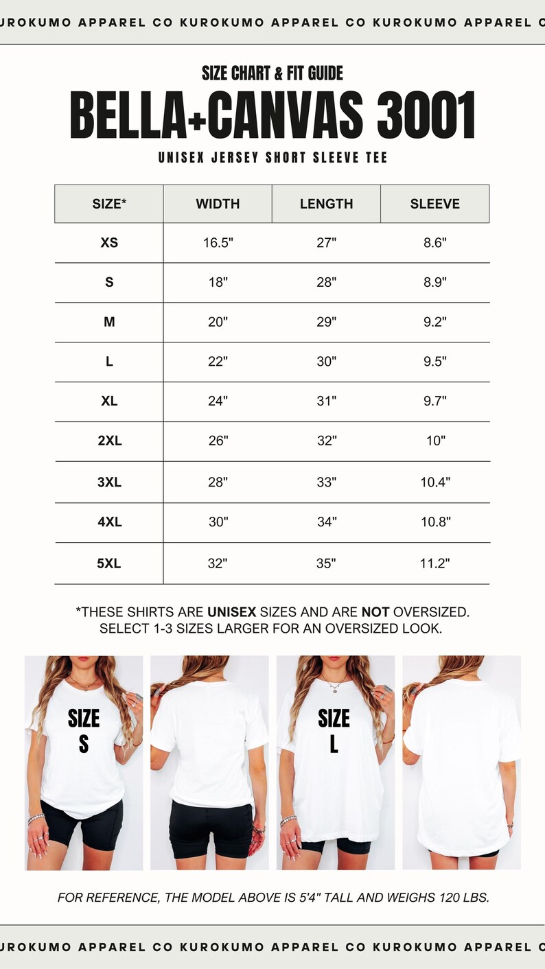 May include: Size chart for Bella + Canvas 3001 unisex jersey short sleeve t-shirts. The chart shows sizes XS through 5XL with corresponding width, length, and sleeve measurements in inches.