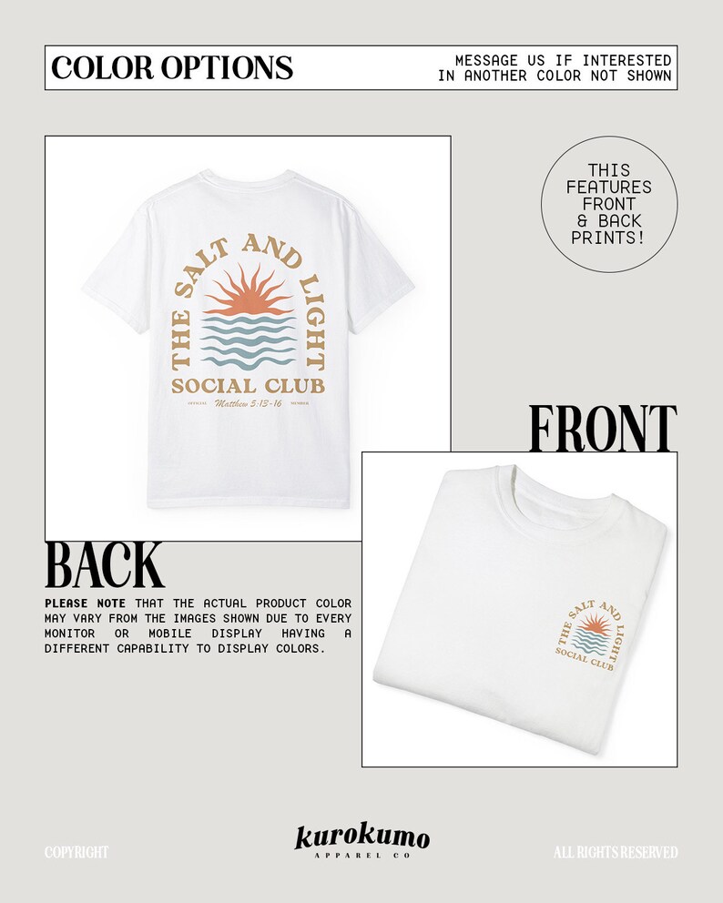 May include: White t-shirt with a graphic print of a sun setting over the ocean with the text "The Salt and Light Social Club" and "Matthew 5:13-16". The back of the shirt has a similar graphic with the text "The Salt and Light Social Club".