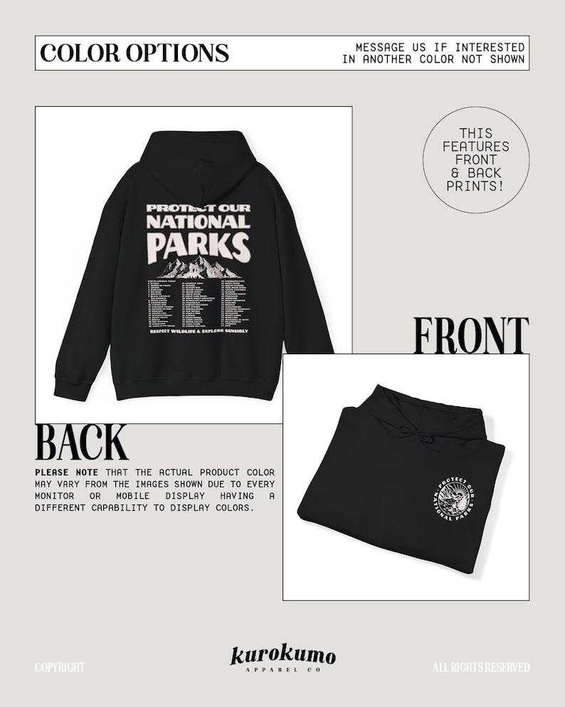 May include: Black hoodie with the text "PROTECT OUR NATIONAL PARKS" on the back, featuring a mountain graphic and a list of parks. The front displays a smaller logo. The hoodie has a drawstring hood.