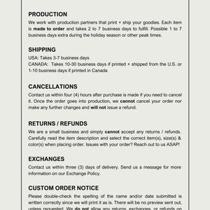 Pu&ograve; includere: Un documento sulle politiche del negozio di Kurokumo Apparel Co. Contiene informazioni su produzione, spedizione, cancellazioni, resi/rimborsi, cambi, ordini personalizzati e informazioni aggiuntive. Testo nero su sfondo beige chiaro.