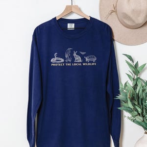 Protect the Local Wildlife Long Sleeve Tshirt Forest Animals Shirt Granola Girl Camping Clothes Forestcore Graphic Tee Vintage Style Shirts True Navy