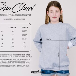 May include: A light gray Gildan 18000B youth crewneck sweatshirt. The image includes a size chart with measurements in inches for XS to XL sizes. The text also states the sweatshirt is 50% cotton and 50% polyester.