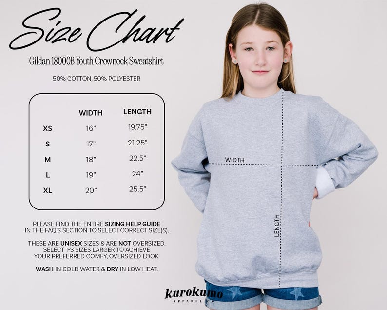 May include: A light gray Gildan 18000B youth crewneck sweatshirt. The image includes a size chart with measurements in inches for XS to XL sizes. The text also states the sweatshirt is 50% cotton and 50% polyester.