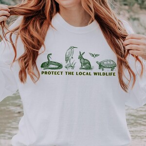 Protect the Local Wildlife Long Sleeve Tshirt Forest Animals Shirt Granola Girl Camping Clothes Forestcore Graphic Tee Vintage Style Shirts White